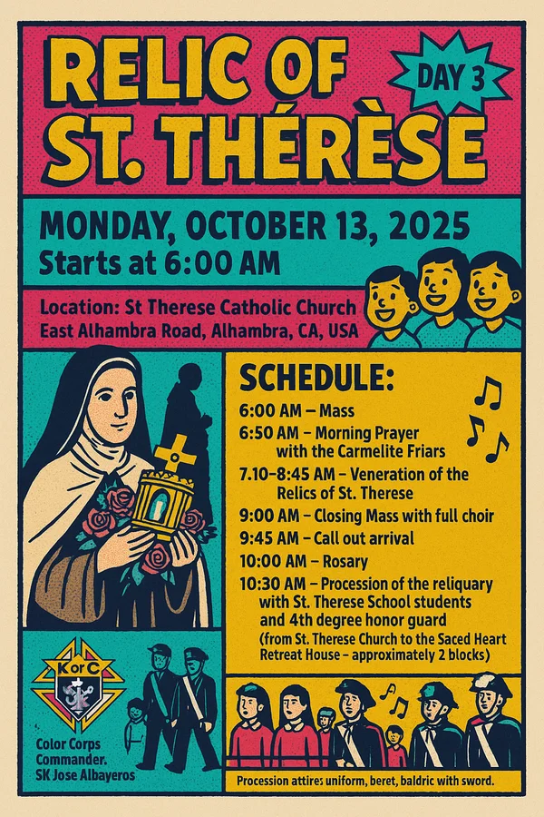 Event flyer for Relic of St. Therese: Day 3