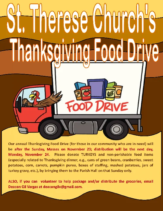 Event flyer for St. Therese Thanksgiving Food Drive Sorting