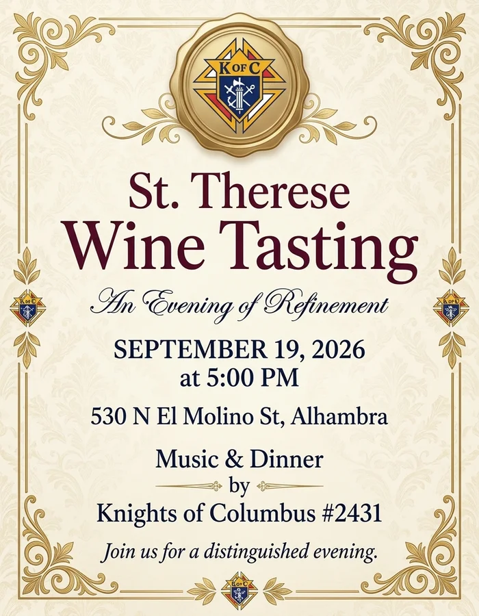 Event flyer for St. Therese Wine Tasting