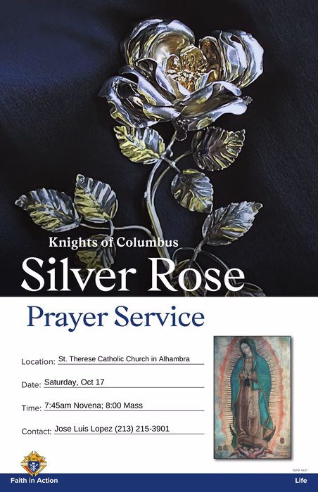 Event flyer for Silver Rose Pilgrimage at St. Therese